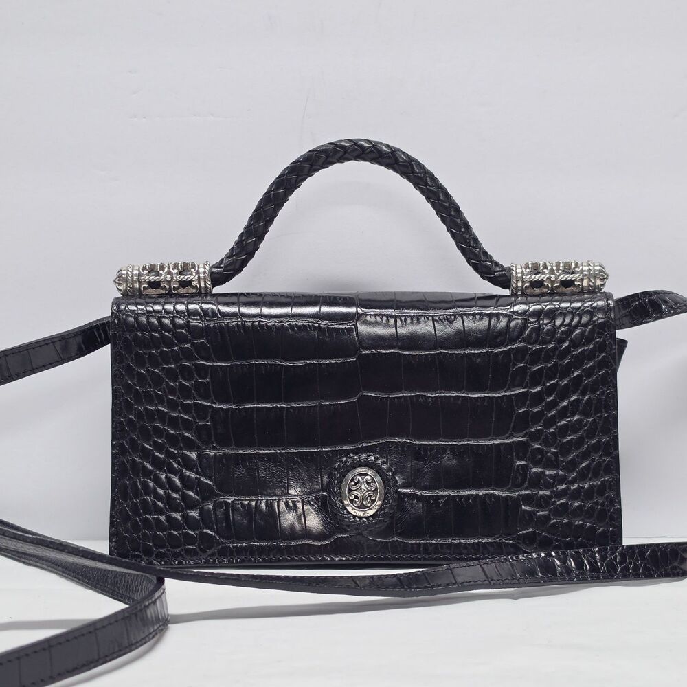 Brighton Black Leather Croc Embossed Travel Bag Celtic Silver Accent Phone Case